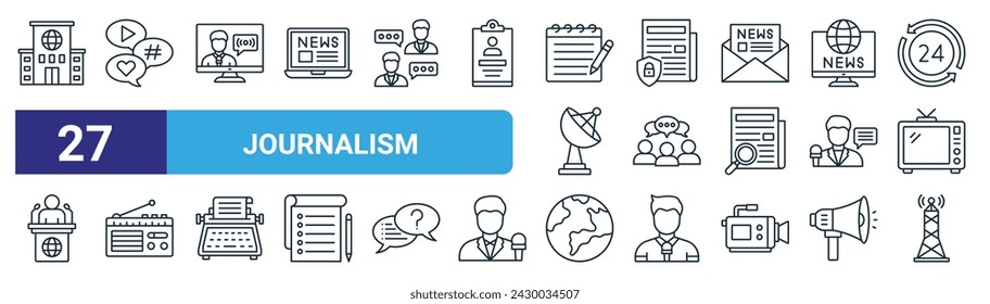 set of 27 outline web journalism icons such as office, social media, broadcasting, confidential, opinion, radio, planet earth,   vector thin line icons for web design, mobile app.