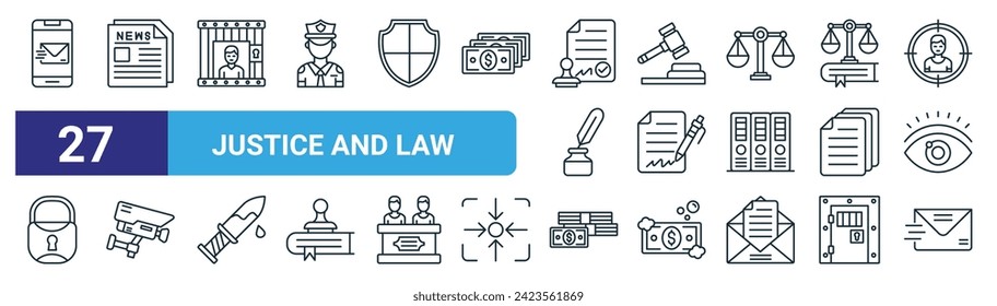 Set von 27 Umrissen Web Justiz und Recht Symbole wie E-Mail, Zeitung, Gefängnis, Gavel, Vertrag, TV, Geld, E-Mail-Vektorgrafik dünnen Linie Symbole für Web-Design, mobile App.