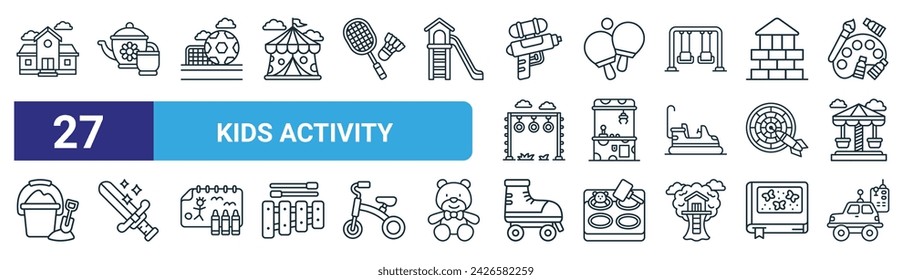 conjunto de 27 iconos de actividad de contorno web kids como la escuela, el té, el fútbol, , claw hine, espada, patín de rodillos, rc coche vector línea delgada iconos para el diseño web, aplicación móvil.