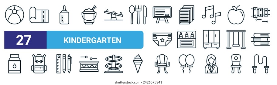 set of 27 outline web kindergarten icons such as beach ball, mat, feeder, paper, crayons, backpack, chair, skipping rope vector thin line icons for web design, mobile app.