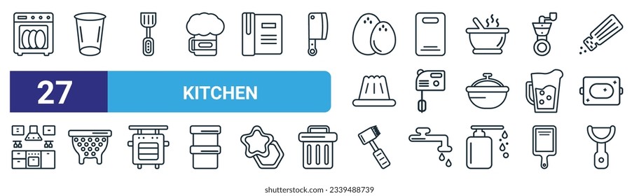 Set von 27 Umriss-Web-Küche-Icons wie Geschirrspüler, Glas, Spatel, Hackbrett, Mixer, Unter, Fleisch-Tenderizer, Peeler Vektor dünne Linie Icons für Web-Design, mobile App.