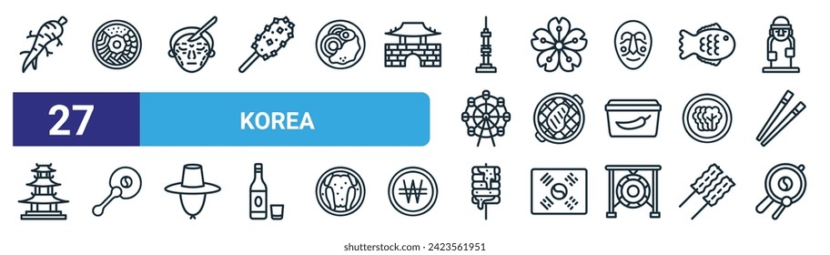 set of 27 outline web korea icons such as ginseng, bibimbap, surgery, cherry,  , fan, tokbokki, gong vector thin line icons for web design, mobile app.