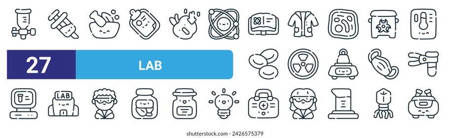 Set von 27 Outline Web Lab-Icons wie Bürette, Spritze, Mörtel, Labor-Mantel, radioaktiv, Labor, Erste-Hilfe-Kit, Zentrifugen-Vektor-dünne Linie-Icons für Web-Design, mobile App.