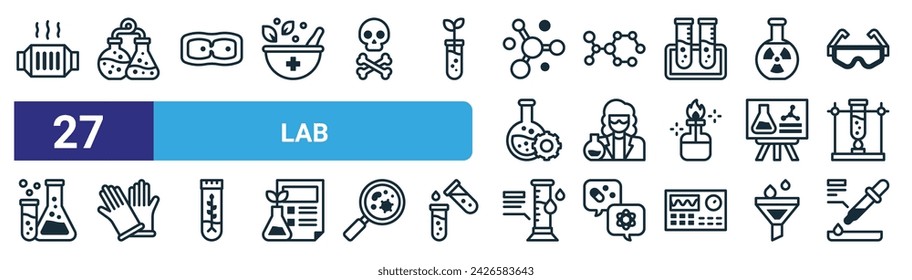 set of 27 outline web lab icons such as catalyst, flask, plant cell, molecule, scientist, gloves, graduated cylinder, pipette vector thin line icons for web design, mobile app.