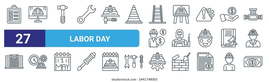 set of 27 outline web labor day icons such as checklist, computer, hammer, movement, welder, working hours, engineer, salary vector thin line icons for web design, mobile app.