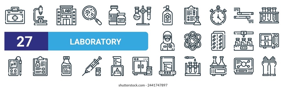 set of 27 outline web laboratory icons such as first aid kit, microscope, lab, report, atom, medical report, experiment, gloves vector thin line icons for web design, mobile app.