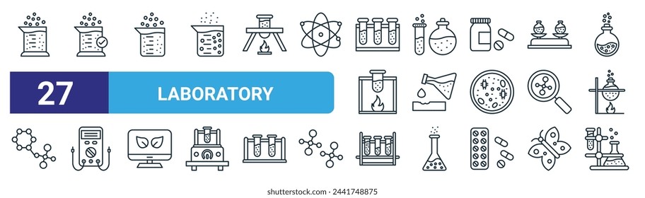 set of 27 outline web laboratory icons such as beaker, chemicals, beaker, flask, corrosive, multimeter, test tubes, flask vector thin line icons for web design, mobile app.