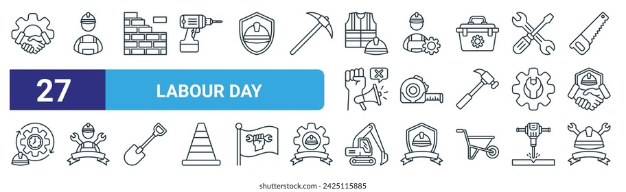 Set von 27 Outline Web Labor Day Icons wie Handshake, Arbeiter, Ziegelwand, Bediener, Maßband, Maschinenbau, Bagger, Helm Vektor dünne Linie Icons für Web-Design, mobile App.