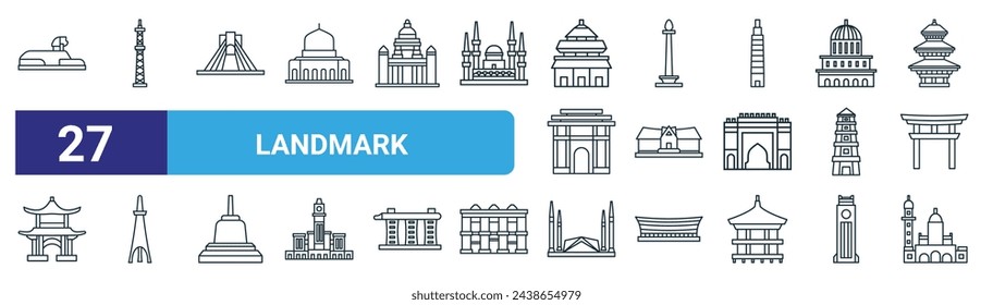 set of 27 outline web landmark icons such as egypt, tokyo, iran, jakarta, thailand, kenya, pakistan, philippine vector thin line icons for web design, mobile app.