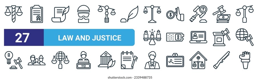 conjunto de 27 íconos de ley web y justicia como derecho empresarial, política, documentos de ley, soborno, grabadora, custodia de menores, abogado, iconos de línea delgada vectorial de violencia para diseño web, aplicación móvil.
