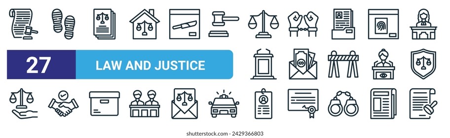 conjunto de 27 iconos de esquema de ley web y justicia como legal, huella, documento, arresto, soborno, acuerdo, tarjeta de identificación, vector de sello delgado línea iconos para el diseño web, aplicación móvil.