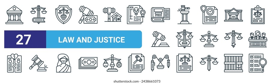 set of 27 outline web law and justice icons such as court, law, justice, law, tax, gavel, separation, case file vector thin line icons for web design, mobile app.