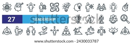 set of 27 outline web leadership icons such as team work, strategy, charisma, focus, adapt, integrity, persevere, collaboration vector thin line icons for web design, mobile app.