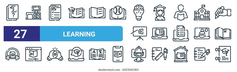 set of 27 outline web learning icons such as question, work, exam, student, online, video, online, thesis vector thin line icons for web design, mobile app.