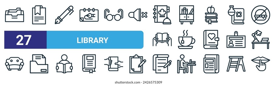 set of 27 outline web library icons such as archive, bookmark, fountain pen, book shelf, hot tea, folder, conspectus, keep quiet vector thin line icons for web design, mobile app.