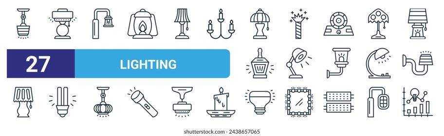 set of 27 outline web lighting icons such as roof lamp, table lamp, street light, flare, table lamp, energy saver, light bulb, bar chart vector thin line icons for web design, mobile app.