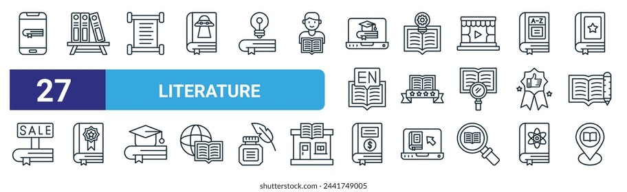 set of 27 outline web literature icons such as smartphone, bookshelf, papyrus, knowledge, fair, award, book, pin vector thin line icons for web design, mobile app.