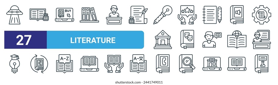 set of 27 outline web literature icons such as ufo, literature, online shopping, subjects, book, book, phone book, science vector thin line icons for web design, mobile app.