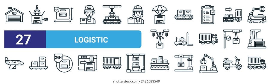 set of 27 outline web logistic icons such as warehouse, packaging, measurement, conveyor belt, agv robot, package, shipment, truck vector thin line icons for web design, mobile app.