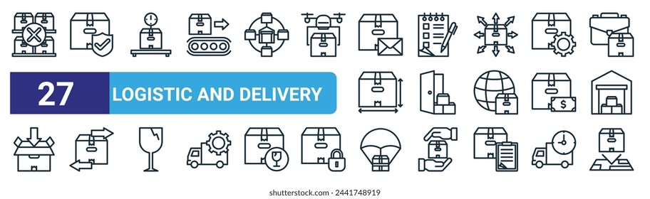 conjunto de 27 iconos de logística web esquemática y entrega tales como fuera de stock, protección, peso, documento, puerta a puerta, discrepancia, envío de la gota, vector de mapa de línea delgada iconos para el diseño web, aplicación móvil.