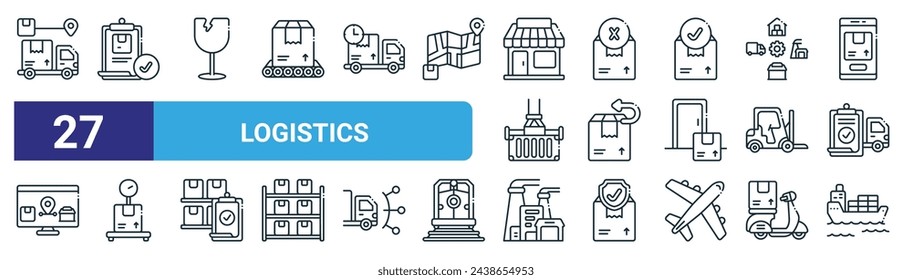 conjunto de 27 iconos de logística web de esquema como entrega, documento, frágil, rechazado, caja de devolución, báscula, fábrica, vector de buque de carga, iconos de línea delgada para diseño web, aplicación móvil.