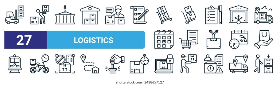 set of 27 outline web logistics icons such as forklift, porter, container, hand truck, shopping list, product delivery, package protection, porter vector thin line icons for web design, mobile app.