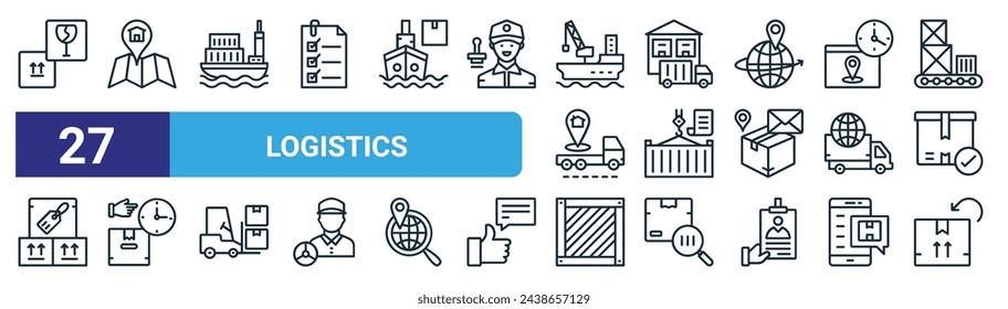 conjunto de 27 iconos de logística web esquemática como caja frágil, destino, buque de carga, carga, carga, paquete, caja de madera, vector de devolución iconos de línea delgada para diseño web, aplicación móvil.