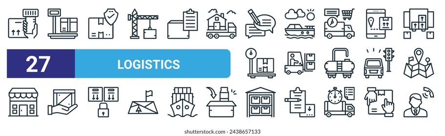 set of 27 outline web logistics icons such as barcode scan, weight scale, package protection, cargo ship, forklift, handle with care, warehouse, customer support vector thin line icons for web