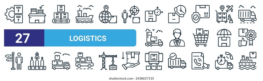 conjunto de 27 iconos de logística web esquemática como inventario, embalaje, transportador, tiempo de entrega, supervisor, transportador, paquetes, vector de buque de carga iconos de línea delgada para diseño web, aplicación móvil.