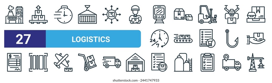 set of 27 outline web logistics icons such as industry, exporter, express, carton, conveyor, bar code, packing list, crane vector thin line icons for web design, mobile app.