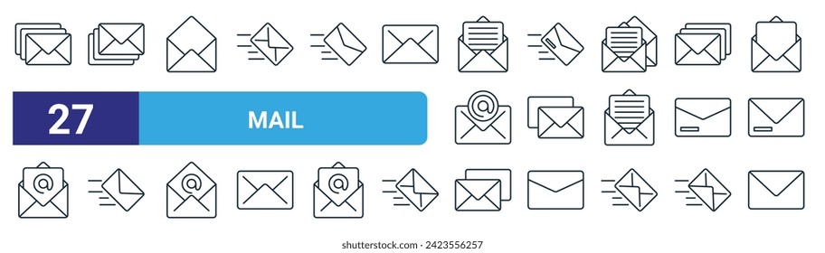 conjunto de 27 iconos de esquema de correo web como correo, correo, iconos de línea delgada vectorial para diseño web, aplicación móvil.
