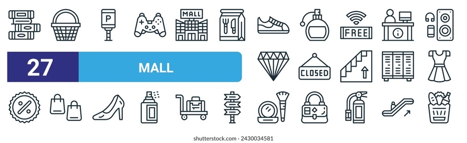 set of 27 outline web mall icons such as books, shopping basket, parking, perfume, closed, shopping bag, cosmetics, groceries vector thin line icons for web design, mobile app.