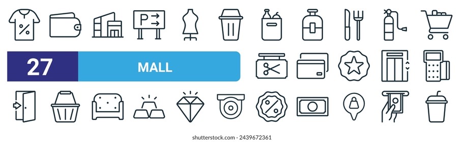 set of 27 outline web mall icons such as shirt, wallet, mall, parfume, credit card, shopping basket, discount, soda vector thin line icons for web design, mobile app.