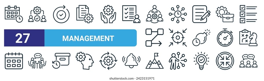 Set von 27 Skizzen Web-Management-Symbole wie Zeitplan, Zusammenarbeit, getan, Zeit-Management, Ziel, Meeting, Mission, Konversation Vektorgrafik dünnen Linie Symbole für Web-Design, mobile App.
