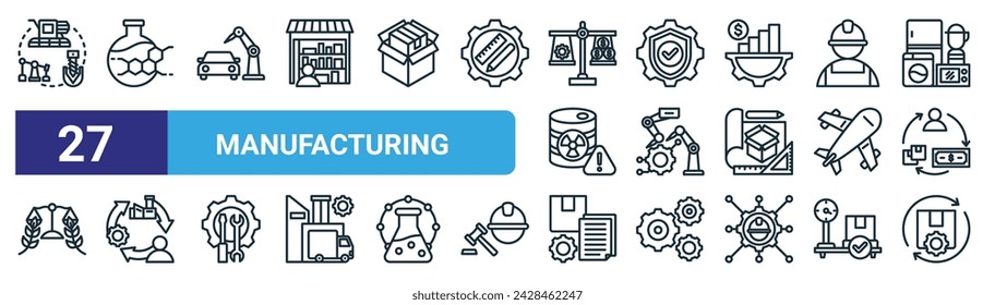 set of 27 outline web manufacturing icons such as oil industry, formula, car manufacturing, safety, robotics, manufacturing, specification, product management vector thin line icons for web design,