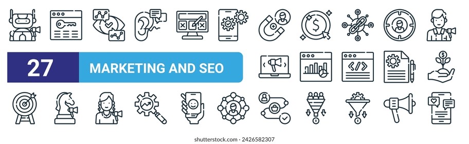 set of 27 outline web marketing and seo icons such as marketing automation, keyword, competitor analysis, pay per click, analytics, marketing strategy,  , engagement vector thin line icons for web