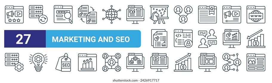 set of 27 outline web marketing and seo icons such as rating, backup, search engine, affiliate marketing, web security, innovation, video content, web de vector thin line icons for design, mobile