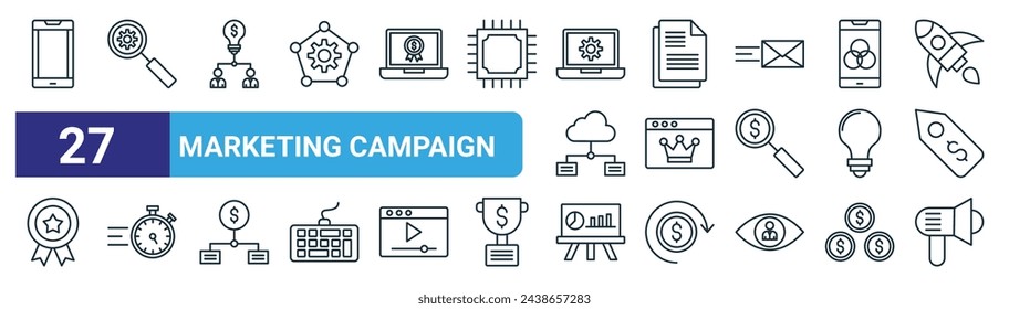 set of 27 outline web marketing campaign icons such as mobile phone, search, network, paper, premium account, timer, pie chart, loud speaker vector thin line icons for web design, mobile app.