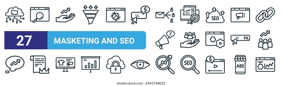 set of 27 outline web masketing and seo icons such as big data, seo, growth, target, followers, content marketing, growth, optimization vector thin line icons for web design, mobile app.