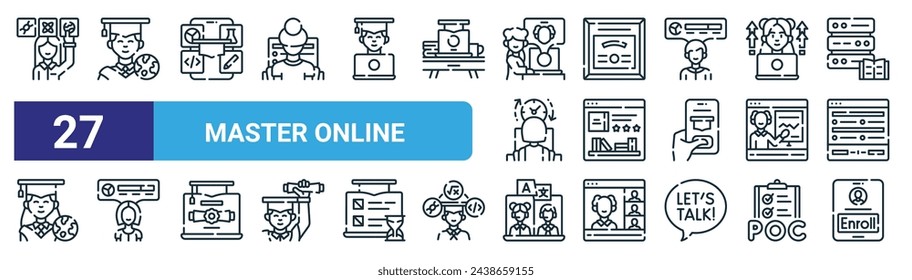 set of 27 outline web master online icons such as purpose, distance education, elearning, diploma, online library, course, distance education, enroll vector thin line icons for web design, mobile