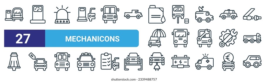 set of 27 outline web mechanicons icons such as bus at a gasoline station, fuel counter, car beacon on, bus in reparation, bus front, brand new car with dollar price tag, electric car and plug,