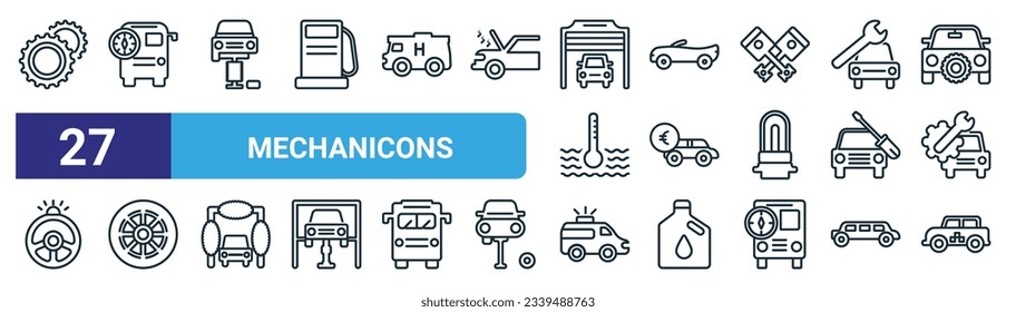 conjunto de 27 iconos de los mecánicos web de contorno como dos ruedas cognitivas, bus con brújula, neumático cambiante de coche, coche convertible, venta de coches en euros, rueda de carretas, vehículo médico de emergencia, taxi orientado a la izquierda