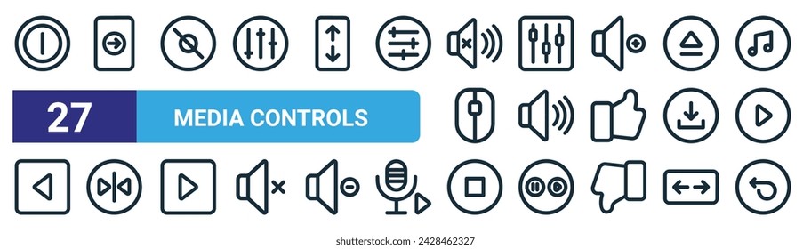 set of 27 outline web media controls icons such as power button, log in, no record, control panel, audio, skip, stop, backward vector thin line icons for web design, mobile app.