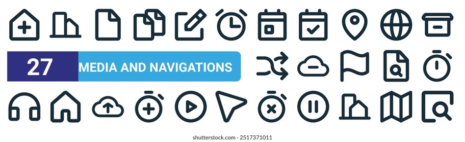 conjunto de 27 mídias da web de estrutura de tópicos e ícones de navegação, como casa, edifício, página em branco, calendário, computação em nuvem, casa, relógio, nota vetor ícones de linha fina para web design, aplicativo móvel.