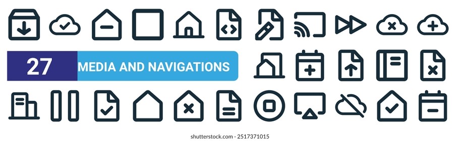 conjunto de 27 mídias da web de estrutura de tópicos e ícones de navegação, como pacote, computação em nuvem, casa, chromecast, adicionar evento, pausar, botão parar, calendário variante vetor ícones de linha fina para web design, móvel