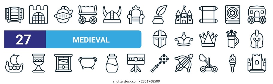 set of 27 outline web medieval icons such as barrel, gate, knight, castle, joker, goblet, e, fort vector thin line icons for web design, mobile app.