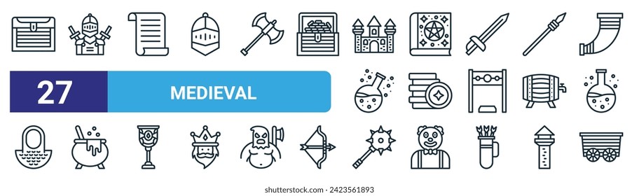 set of 27 outline web medieval icons such as treasure chest, knight, scroll, spell book, coins, cauldron, e, cart vector thin line icons for web design, mobile app.