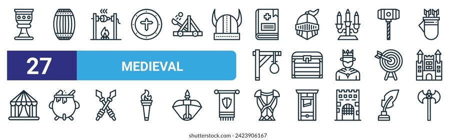 set of 27 outline web medieval icons such as goblet, barrel, fire, helmet, treasure box, cauldron, armor, axe vector thin line icons for web design, mobile app.