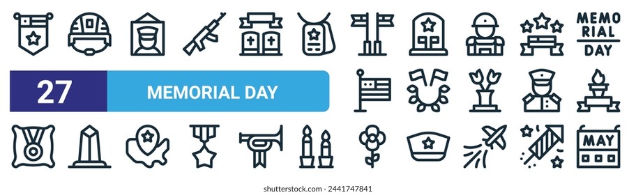 conjunto de 27 iconos del día del recuerdo de la web del esquema tales como bandera, casco, foto, lápida, corona de flores, monumento de washington, flor, vector del día del recuerdo iconos de línea delgada para el diseño web, aplicación móvil.