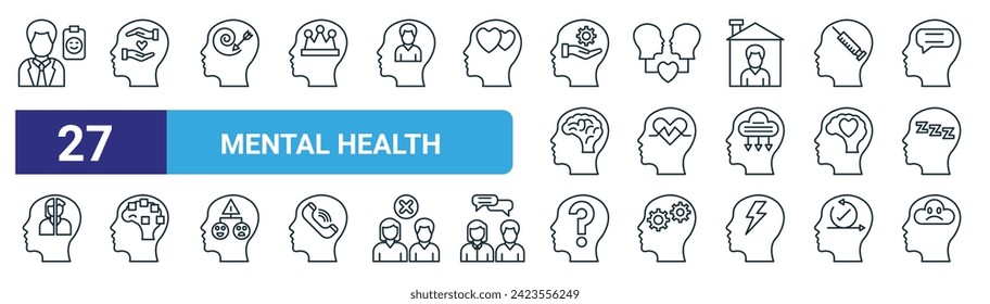 conjunto de 27 íconos de salud mental en la web como psiquiatra, cuidador, obsesión, empatía, salud mental, trastorno mental, preocupación, iconos de línea delgada vectorial de pensamiento negativo para el diseño web,